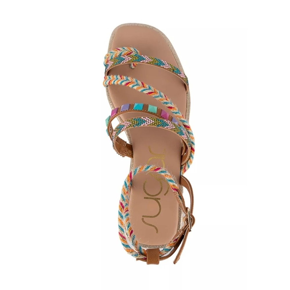 Sugar 6 Aloha Strappy Sandals Ankle Strap Tan Jute Rhinestone Bohemian Blue Pink